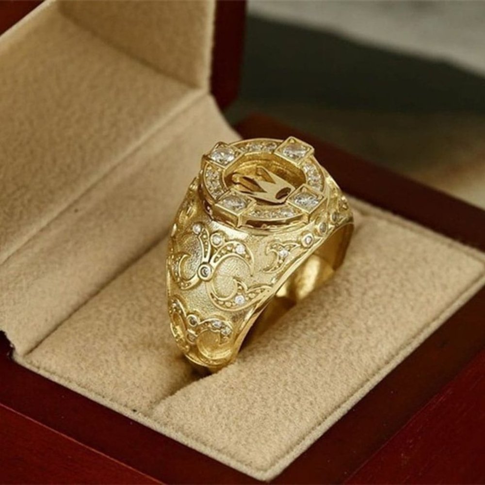 Men Gold Tone Presidential Style Crown Cz Ring